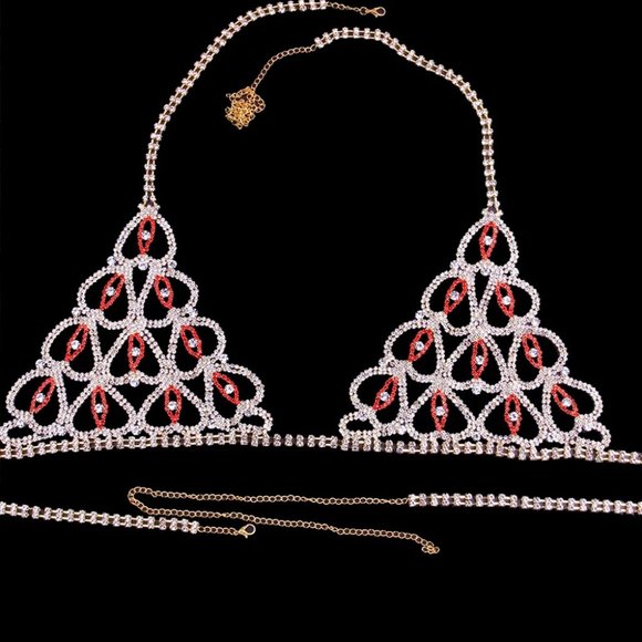 Rhinestone Heart Bikini Jewelry Lingerie Set Bling Bra Thong Crystal Body Chain - Picture 7 of 9